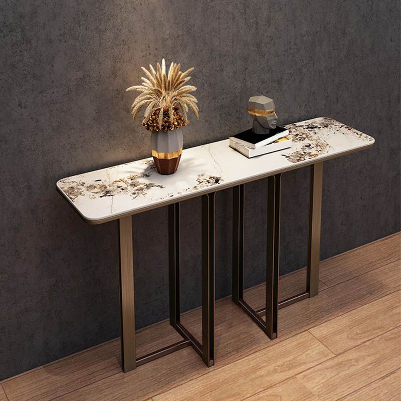 Modern Rectangular Console Table Stone Console Sofa Table in White and Gold