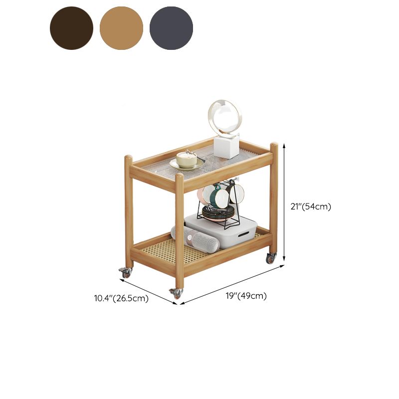 棚と車輪付きの最新の長方形のガラス上端テーブル木材ベースサイドテーブル