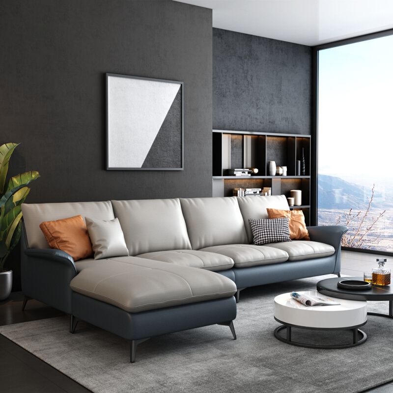 Contemporary Grey Upholstery Sofa with Flared Arm and Faux Leather Clearhalo 'furn' 'furn_sectionals' 'Furniture' 'furniture_sectionals' 'kitchen' 'kitchen_sectionals' 'Living Room Furniture' 'Sectionals' 1200x1200_3452db9b-407a-4c53-b262-901ccf51d0c6