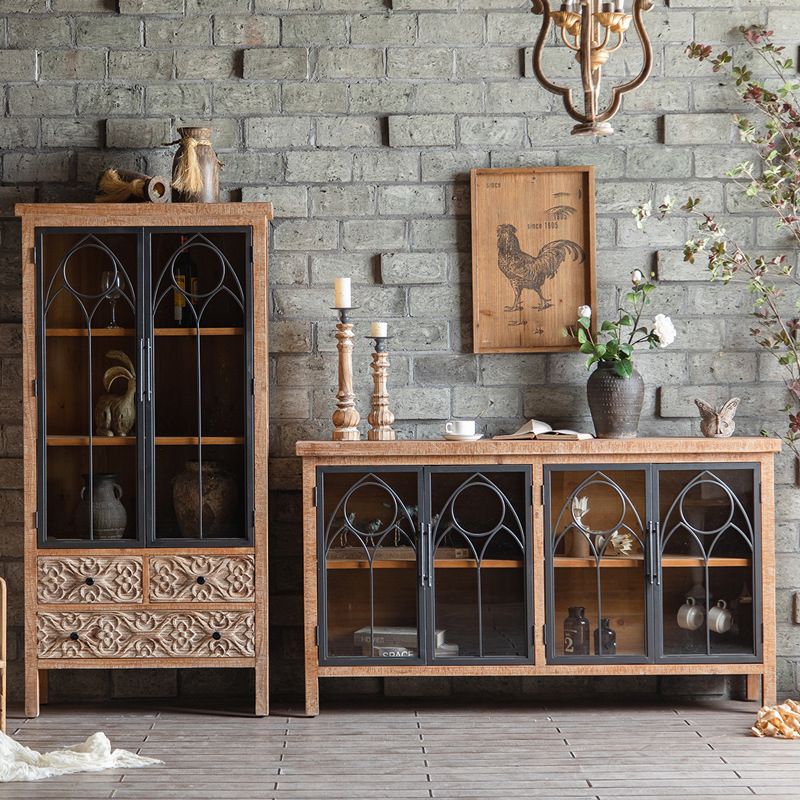 Distressed Brown Drawers Included Cabinet Glass Paned Wood & Iron Accent Cabinet