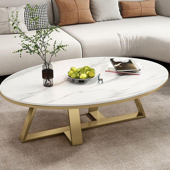 Metal Cross Legs Cocktail Table Luxurious Oval Stone Top Coffee Table Clearhalo 'Coffee & Accent Tables' 'Coffee Tables' 'coffee_tables' 'furn' 'furn_coffee_tables' 'Furniture' 'Living Room Furniture' 1200x1200_3463764c-bace-40a4-b255-ec2cf3957c98
