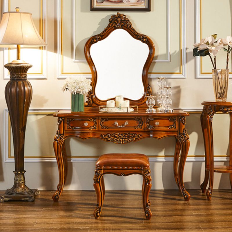 17.71 "Ensemble de vanité marron de large avec des tables de vanité en bois miroir avec 3 tiroirs de rangement