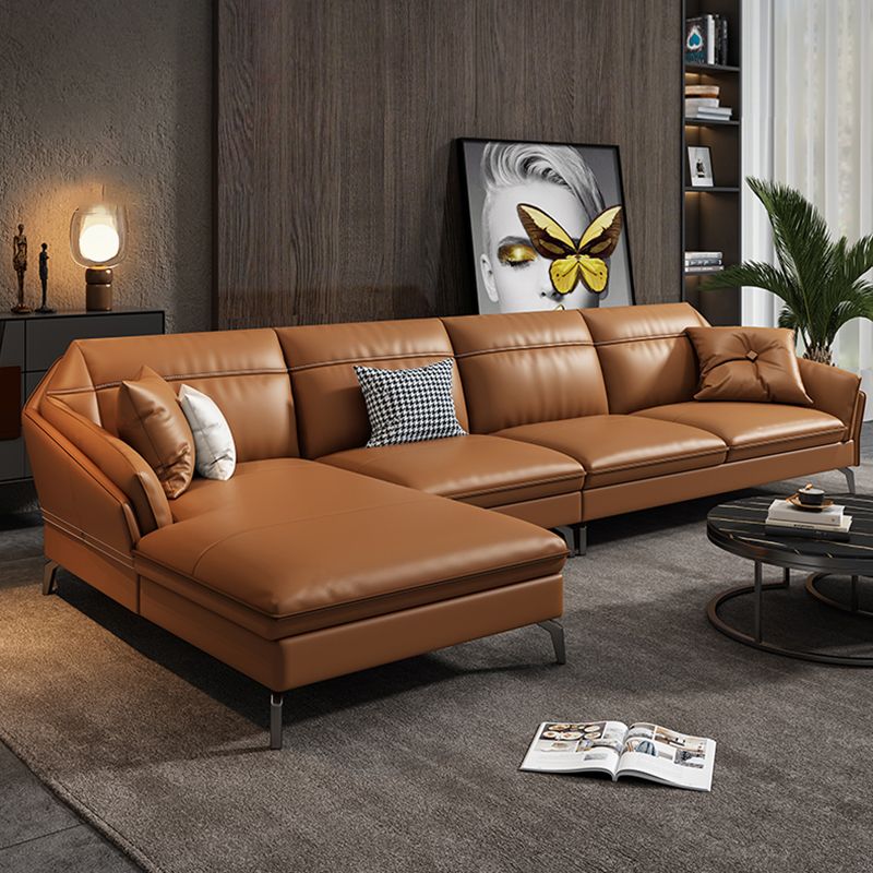 Sloped Arms Genuine Leather Sectional Sofa 35.43"High Cushion Back Sofa, Dark Brown Clearhalo 'furn' 'furn_sectionals' 'Furniture' 'furniture_sectionals' 'kitchen' 'kitchen_sectionals' 'Living Room Furniture' 'Sectionals' 1200x1200_34c0b375-77b8-482f-ba6d-99cc424d62a6