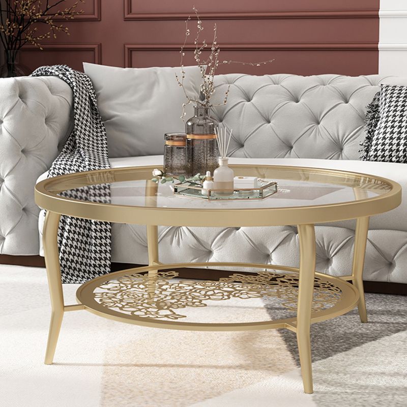 23.6"/17.7"H Modern 4 Legs Steel Base Glass Round Coffee Table with Shelf Clearhalo 'Coffee & Accent Tables' 'Coffee Tables' 'coffee_tables' 'furn' 'furn_coffee_tables' 'Furniture' 'furniture_coffee_tables' 'Living Room Furniture' 1200x1200_34c7eb92-8b66-48a5-87f4-58589a53d275