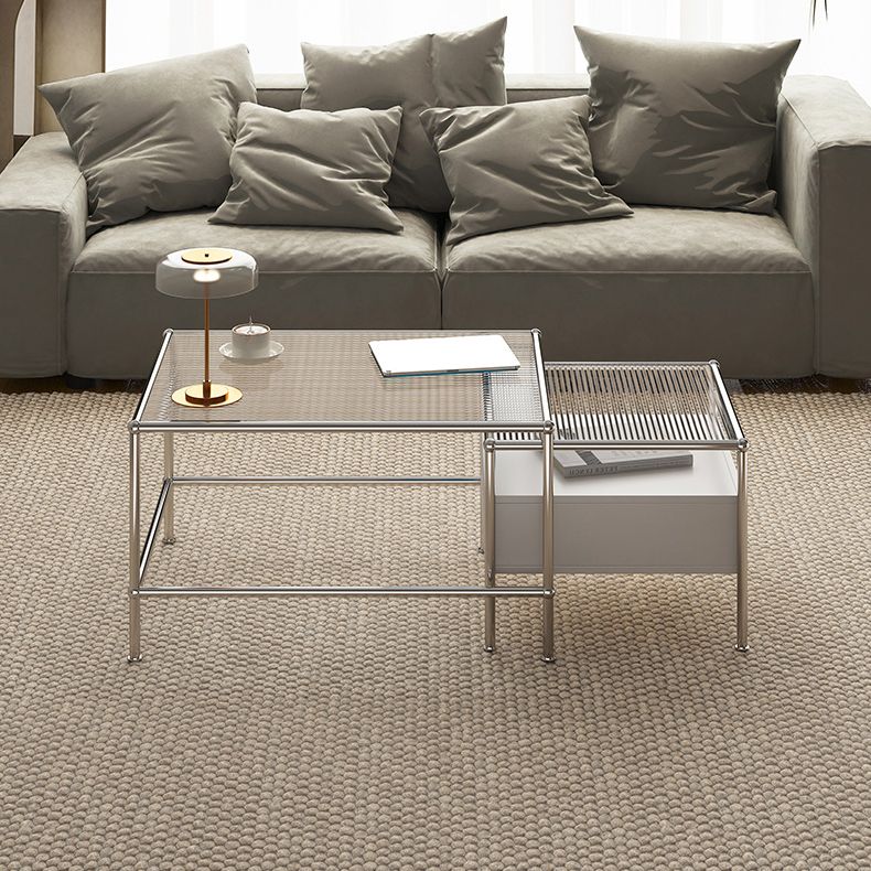 Modern 2 Nesting Glass Coffee Table Set Steel 4 Legs 1 - Drawer Cocktail Table Clearhalo 'Coffee & Accent Tables' 'Coffee Tables' 'coffee_tables' 'furn' 'furn_coffee_tables' 'Furniture' 'Living Room Furniture' 1200x1200_34d5dbda-6a0d-4395-be42-8faf911f59f9