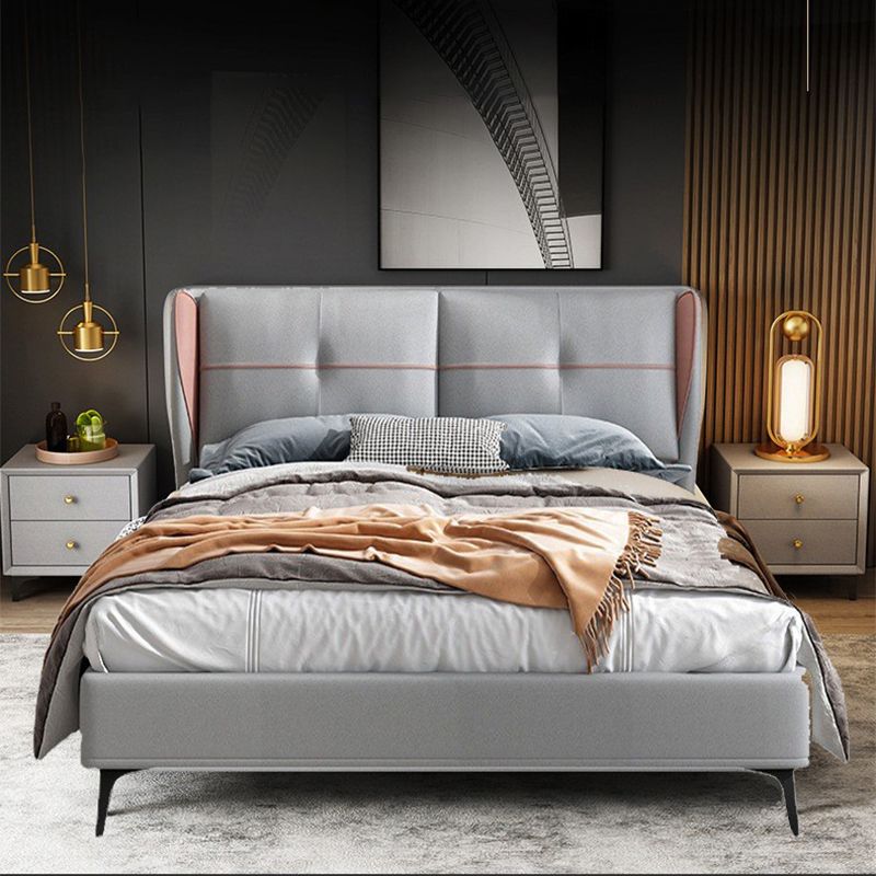 Modern Gray Wingback -bed met getufte rechthoekige hoofdeinde en metalen benen