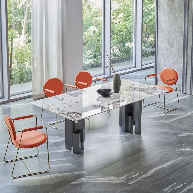 Modern Style Sintered Stone Dining Set with Grey Rectangle Shape Table and Double Pedestal Base Clearhalo 'Dining Room Sets' 'Dining Tables & Seating' 'dining_room_set' 'furn' 'furn_dining_room_set' 'Furniture' 'furniture_dining_room_set' 'Kitchen & Dining Furniture' 'kitchen&dining_furn' 'kitchen' 1200x1200_34efe022-d7de-4b78-be87-8d99906ce2c4