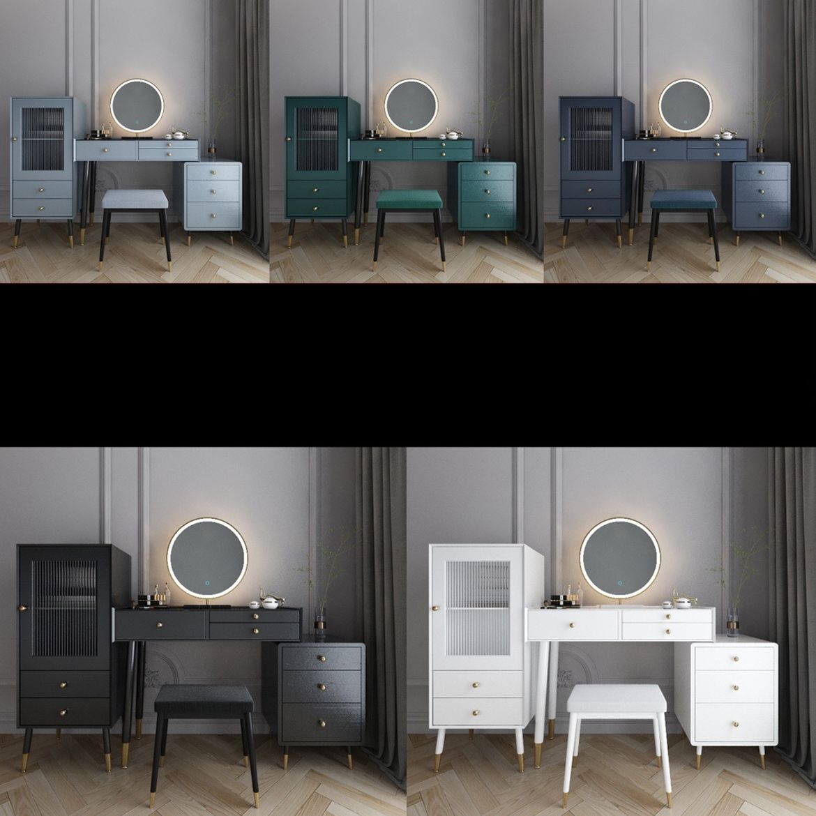 ベッドルーム用の鏡とスツールのあるモダンなソリッドウッドバニティドレッシングテーブル