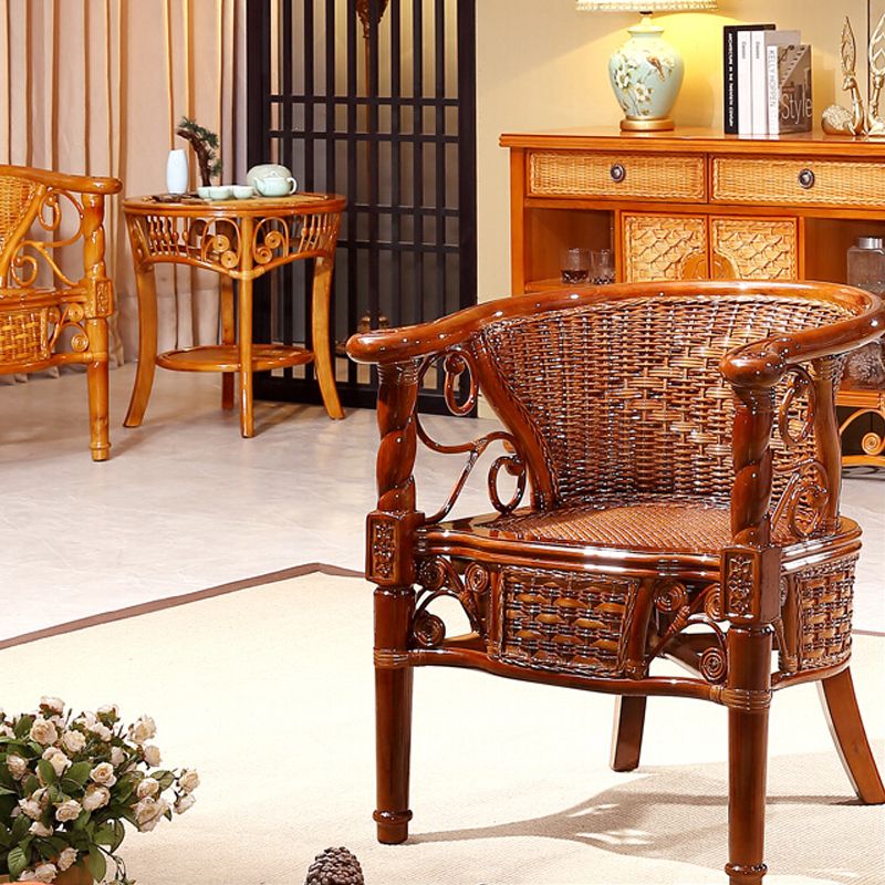 Traditional Dining Chair Rattan Solid Wood Base Arm Chair for Home Use