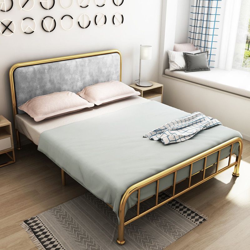 Grey and Gold Open-Frame Bed with Metal Legs Bed Frame Upholstered Headboard