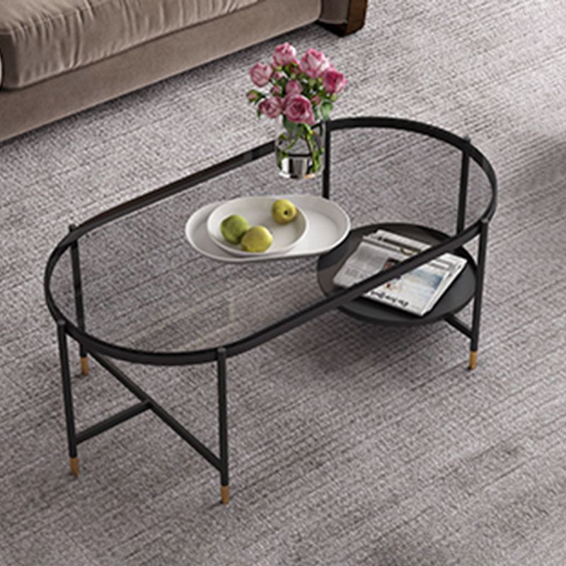 Contemporary Elliptical Glass & Slate Coffee Cocktail Table with Storage Shelf Clearhalo 'Coffee & Accent Tables' 'Coffee Tables' 'coffee_tables' 'furn' 'furn_coffee_tables' 'Furniture' 'Living Room Furniture' 1200x1200_354e8dc2-d3c5-40ae-8374-9795a45cfc46