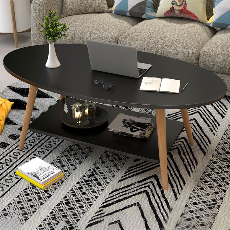 Tavolo da caffè in legno massiccio ovale moderno con scaffale di stoccaggio e 4 gambe