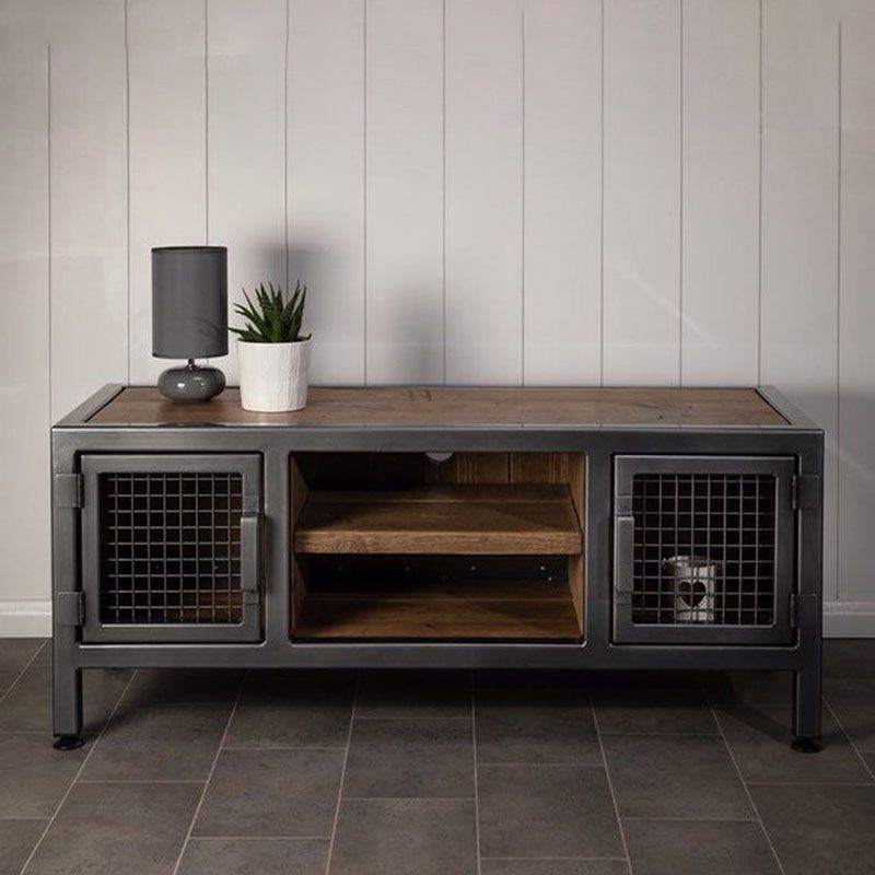 Brown Pine Wood Top TV Media Stand Industrial Media Console with Open Storage