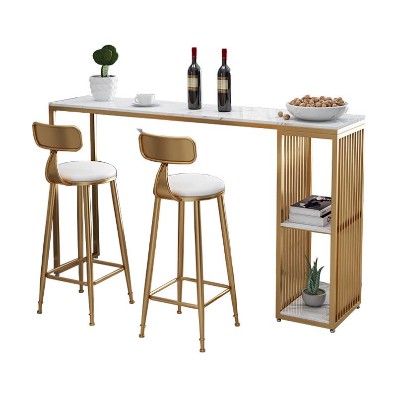 Glam Rectangle Faux Marble Bistro Table Iron Double Pedestal Bar Dining Table with 2-Shelf Clearhalo 'Bar Furniture' 'Bar Tables' 'bar_tables' 'furn' 'furn_bar_tables' 'Furniture' 'furniture_bar_tables' 'Kitchen & Dining Furniture' 1200x1200_35981288-dd41-4452-a632-efcb521c5f05