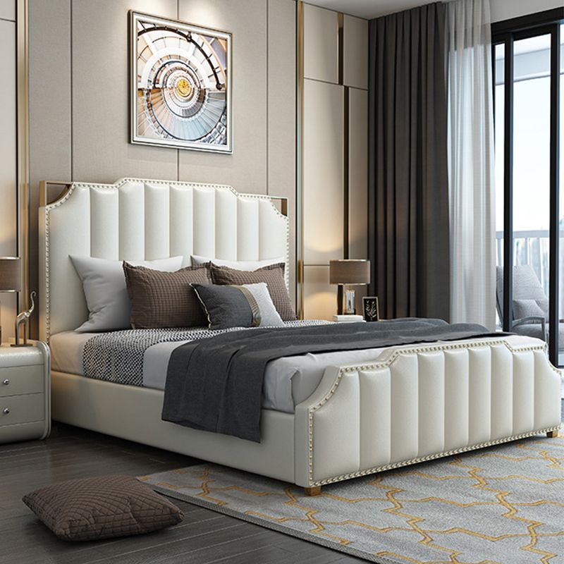 Contemporary Wood and Upholstered Panel Bed with Nailhead Trim