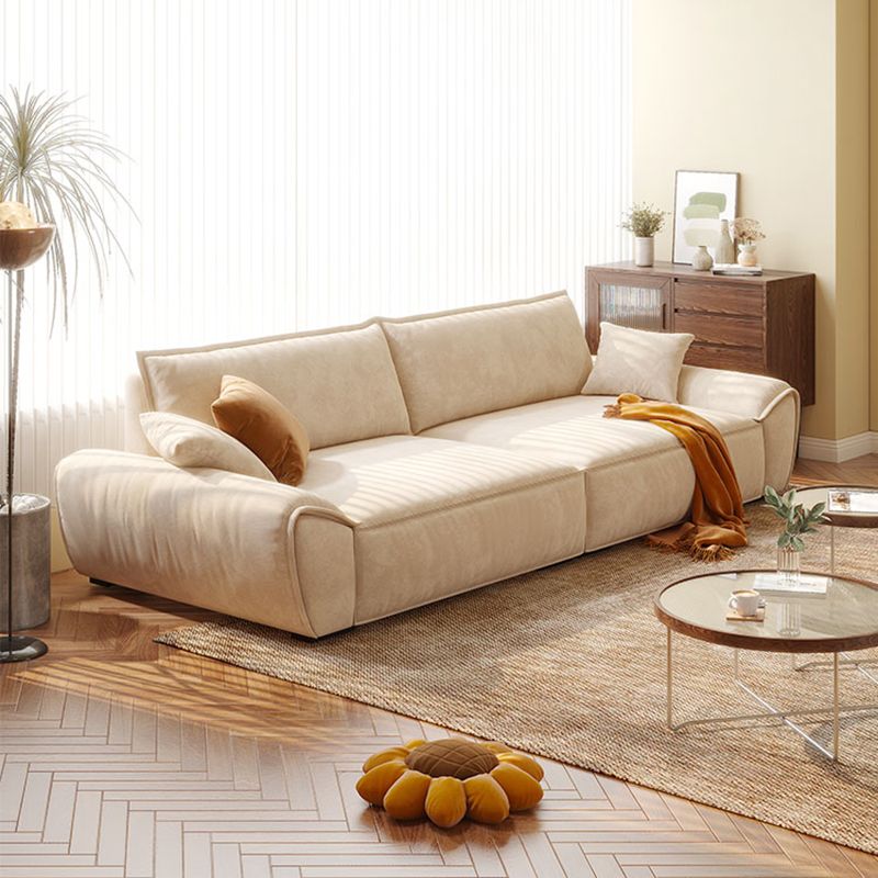 Beige Flared Arm Sofa Faux Leather Seating with Pillows for Living Room