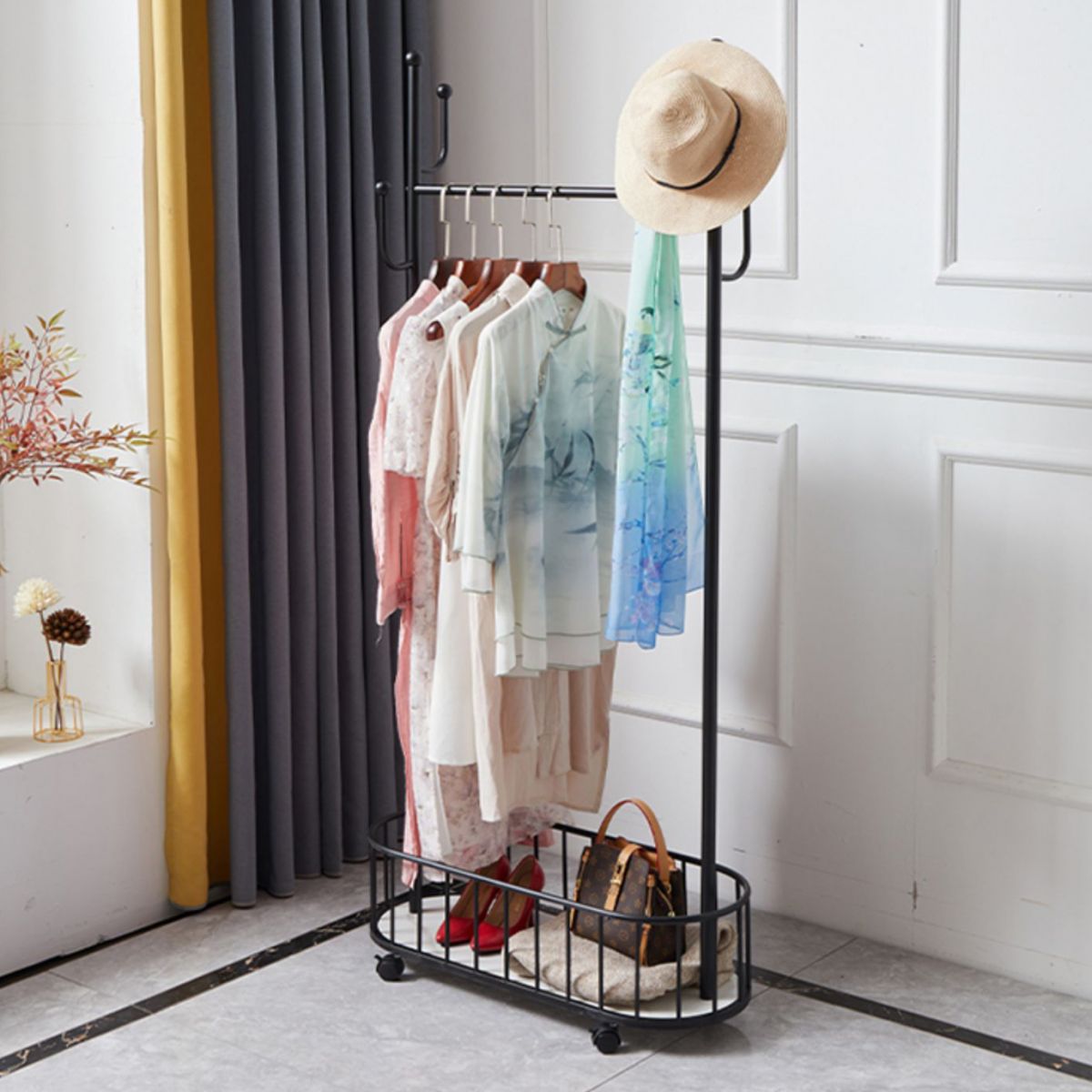 Popular Metal Coat Hanger Storage Basket Solid Color Coat Rack with Castors Clearhalo 'Entry & Mudroom Furniture' 'furn' 'furn_hall_tree_coat_racks' 'Furniture' 'Hall Trees & Coat Racks' 'hall_tree_coat_racks' 1200x1200_35da37ee-ccd0-468e-8265-ba37c6eec8d6