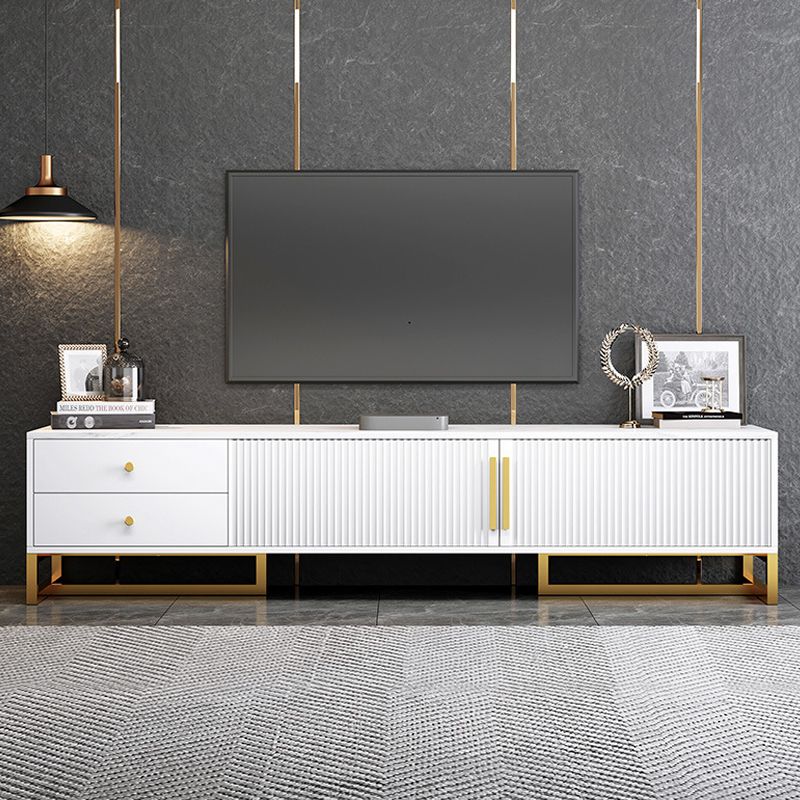 Console multimediale moderna per TV in marmo con contenitore chiuso e gambe in metallo per soggiorno