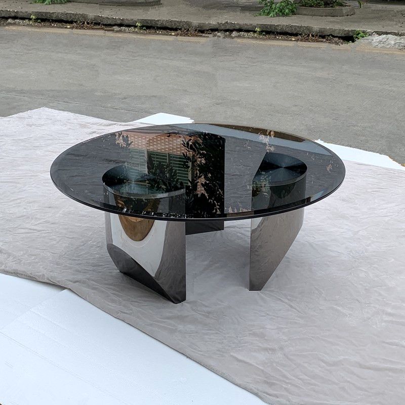 Black Glass Top Coffee Table Modern Round 3 Legs Cocktail Table Clearhalo 'Coffee & Accent Tables' 'Coffee Tables' 'coffee_tables' 'furn' 'furn_coffee_tables' 'Furniture' 'Living Room Furniture' 1200x1200_35dca8bc-0205-4129-a26c-666111be2a91