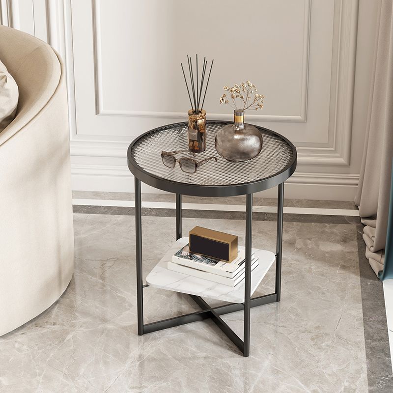 Modern Glass Side End Table Metal Cross Legs Round Corner Table