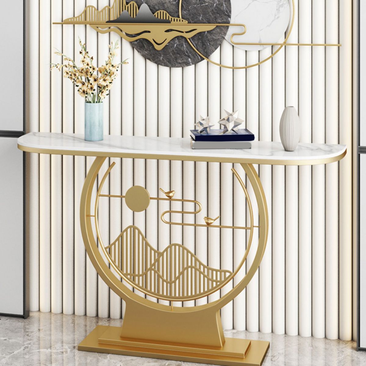 31.49" High Stone Console Table Half Moon Accent Table with Iron Frame