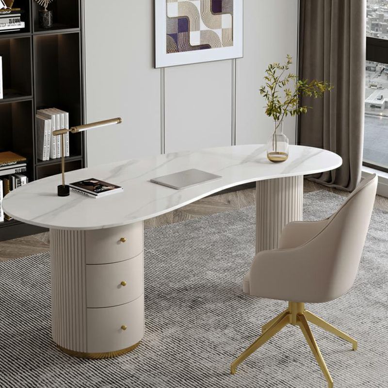 Scrivania di scrittura a forma irregolare scrivania bianca con 3 cassetti