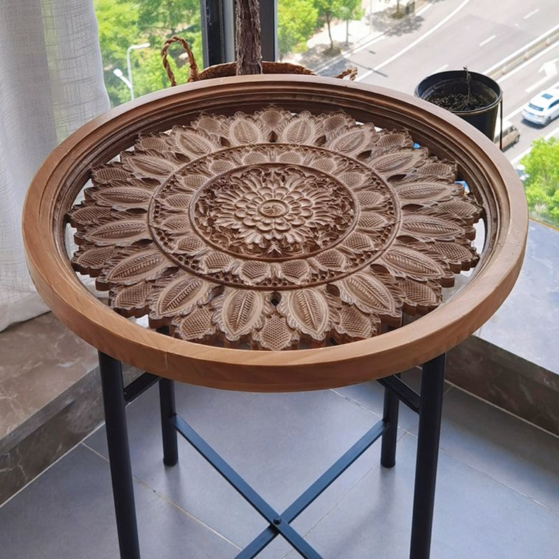 Dia 19.7" Cross Legs End Table Distressed Wood Side Table with Engraved Design Clearhalo 'Coffee & Accent Tables' 'End & Side Tables' 'end_side_tables' 'furn' 'furn_end_side_tables' 'Furniture' 'Living Room Furniture' 1200x1200_3614ad5a-24ca-4cf8-9b47-6f8d0f7fd579