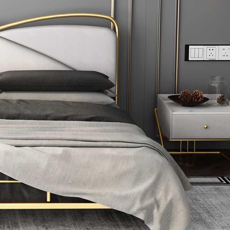 Luxurious Standard Bed in Gold Upholstered Low Profile Metal Bed