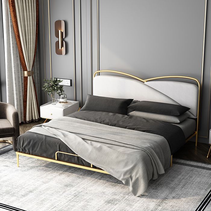 Luxurious Standard Bed in Gold Upholstered Low Profile Metal Bed