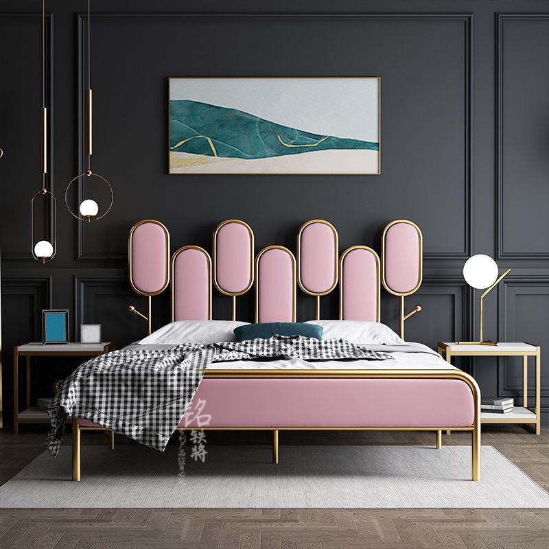 Upholstered Standard Bed Iron Bed Frame with Headboard and Metal Legs