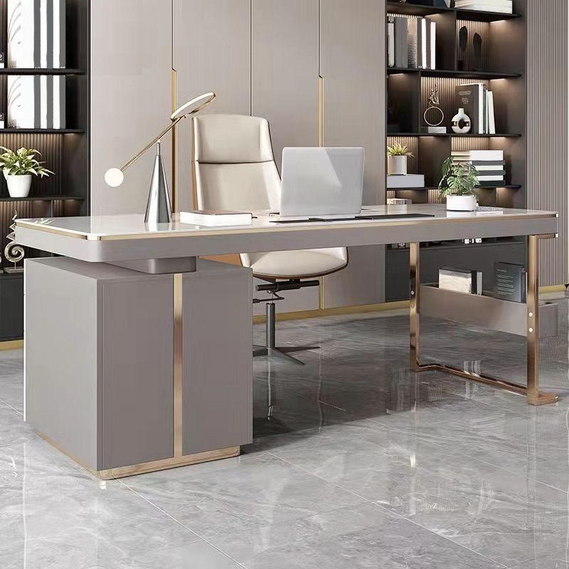 Rectangular Shaped Office Laptop Table Reversible Grey Writing Desk with 2 Drawers Clearhalo 'furn' 'furn_office_desk' 'Furniture' 'Office Desks' 'Office Furniture' 'office_desk' 1200x1200_36772f8c-0b4b-4daf-a7a5-87e015d658a5
