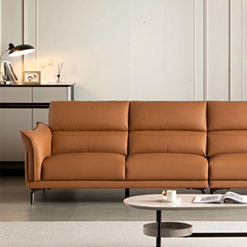 Modern Genuine Leather Sewn Pillow Back Flared Arm Sofa For Living Room