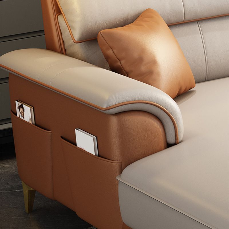 Modern Faux Leather Beige Sofa with Pillow Top Arm for Living Room Clearhalo 'furn' 'furn_sectionals' 'Furniture' 'furniture_sectionals' 'Living Room Furniture' 'Sectionals' 1200x1200_368680fc-176e-482c-ada1-e3ea3dc73aba