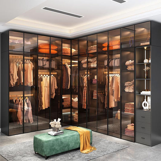 Brown Cabinet with Glass Doors Modern Hinged Door Wardrobe for Home