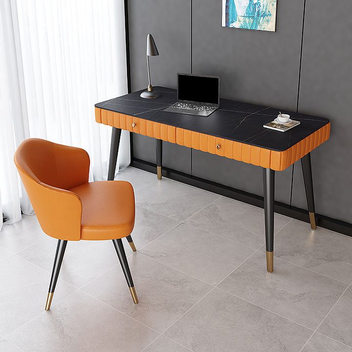 Contemporary Office Desk Sintered Stone Desktop with 2 Drawers Black Table Leg Desk Clearhalo 'furn' 'furn_office_desk' 'Furniture' 'Office Desks' 'Office Furniture' 'office_desk' 1200x1200_36ab0e04-6370-4b94-b667-e0c1c4ac1277