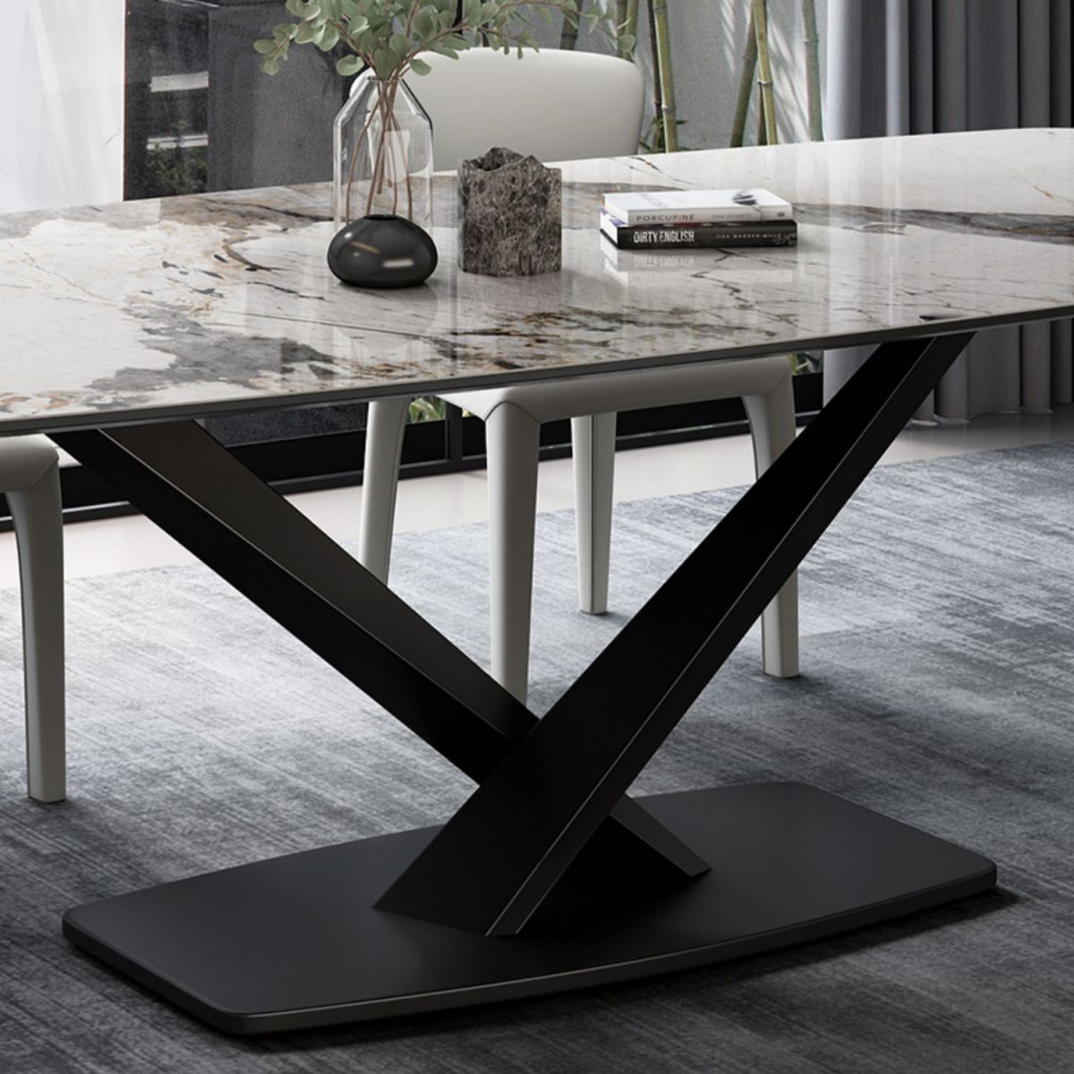 Tavolo da pranzo moderno rettangolare con piano bianco e base a X in metallo nero