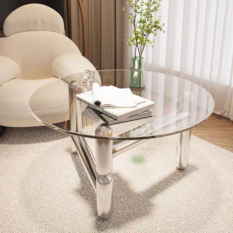 Table basse ronde en verre et acier, 3 pieds, 1 table basse simple