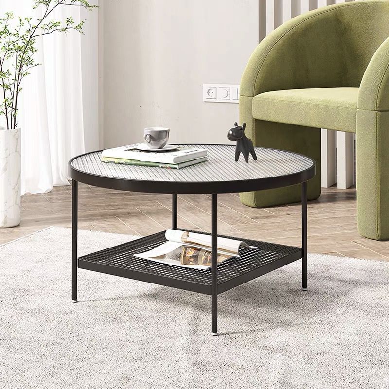 Table de cocktail ronde en verre, table basse en fer à 4 pieds avec étagère