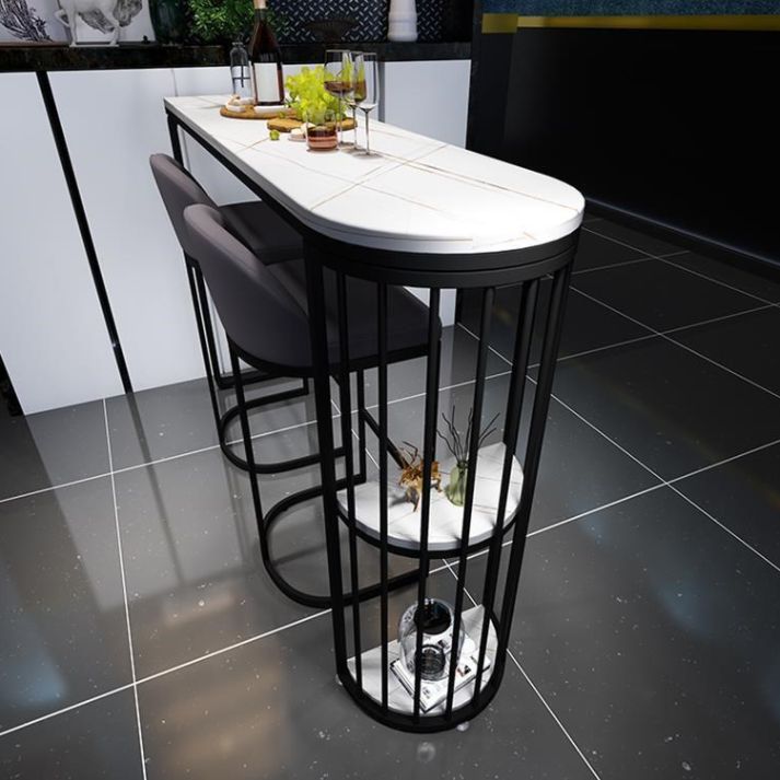 White Stone Industrial Indoor Bar Dining Table Double Pedestal Bistro Table with Shelve Clearhalo 'Bar Furniture' 'Bar Tables' 'bar_tables' 'Furniture' 'furniture_bar_tables' 'Kitchen & Dining Furniture' 'kitchen&dining_furn' 'kitchen' 1200x1200_3729c343-a154-4ef6-8a3e-0e15cde76e76