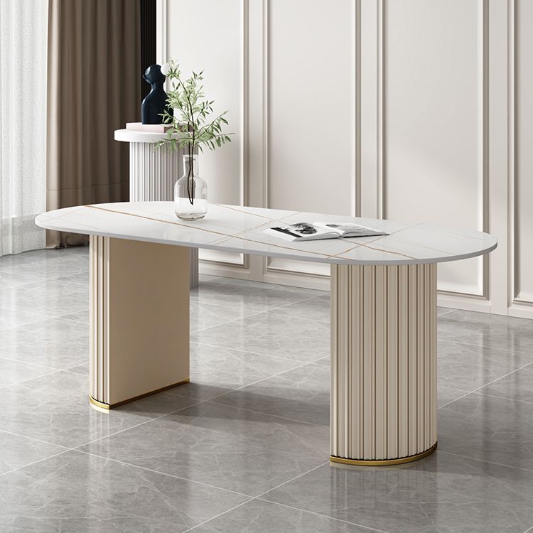 Modern Oval Dining Table Sintered Stone Dining Table with Off White Double Pedestal Clearhalo ' dining_table' 'Dining Tables & Seating' 'Dining Tables' 'furn' 'furn_dining_table' 'Furniture' 'furniture_dining_table' 'Kitchen & Dining Furniture' 'kitchen&dining_furn' 'kitchen' 'kitchen_dining_table' 1200x1200_372ee28d-ace4-401b-b1fe-1a29c9438b9e