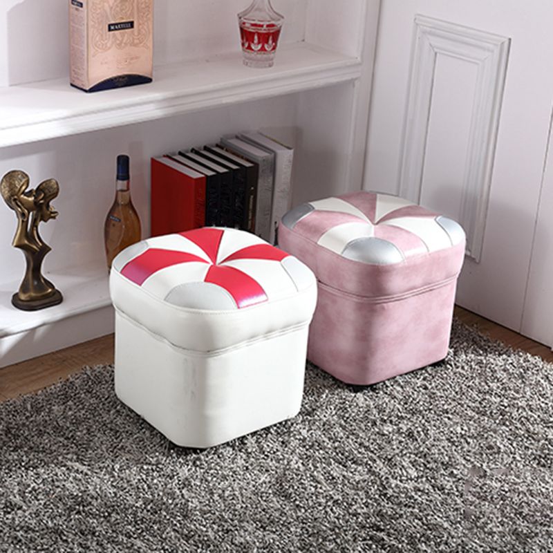 Modern Square Ottoman Contrast Panel Genuine Leather Indoor Footstool Ottoman