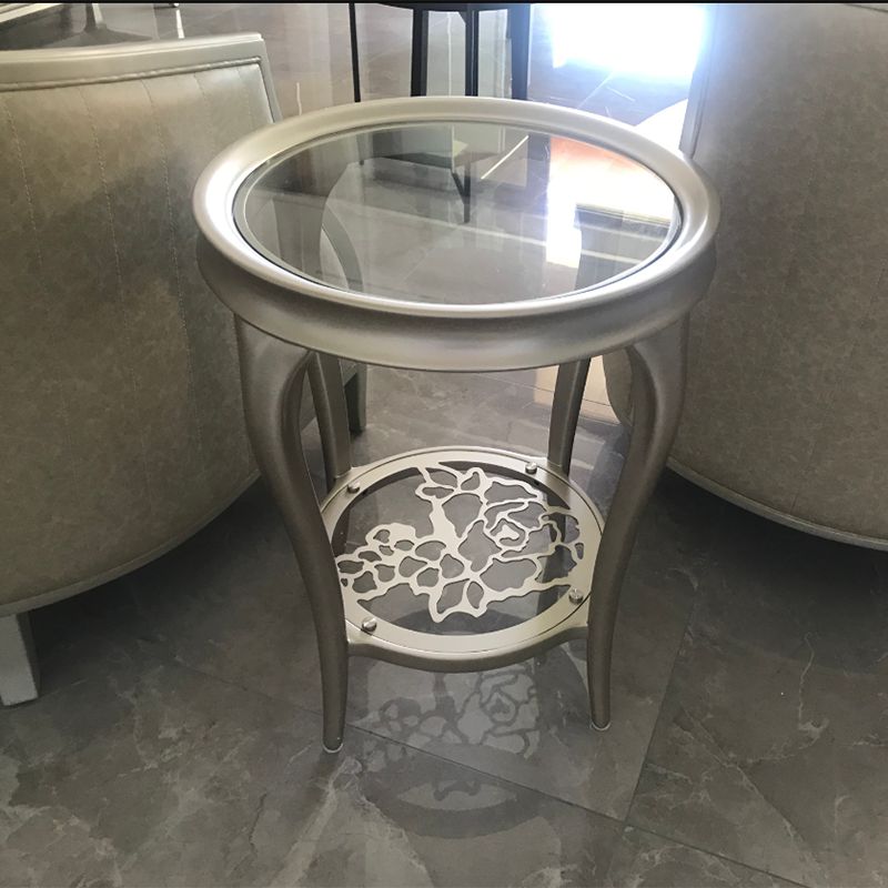 Table d'appoint en verre rond de 25,6 "de haut en bois à 4 jambes table de bout avec étagère