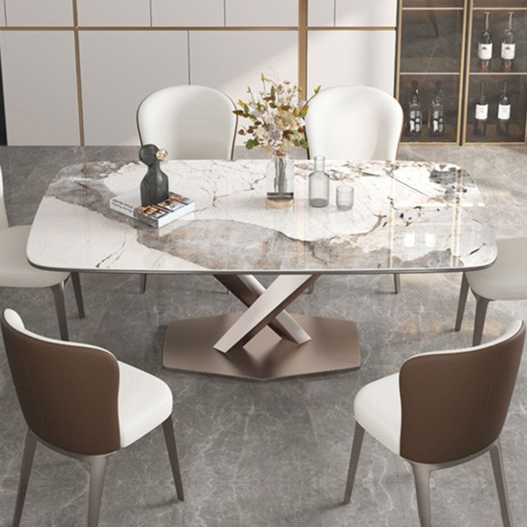 Contemporary Style Sintered Stone Dining Table with White Fixed Table and Trestle Base for Home Use Clearhalo 'Dining Room Sets' 'Dining Tables & Seating' 'dining_room_set' 'furn' 'furn_dining_room_set' 'Furniture' 'furniture_dining_room_set' 'Kitchen & Dining Furniture' 'kitchen&dining_furn' 'kitchen' 1200x1200_3751308a-b939-4b5d-91b1-2abe60c5c5b2