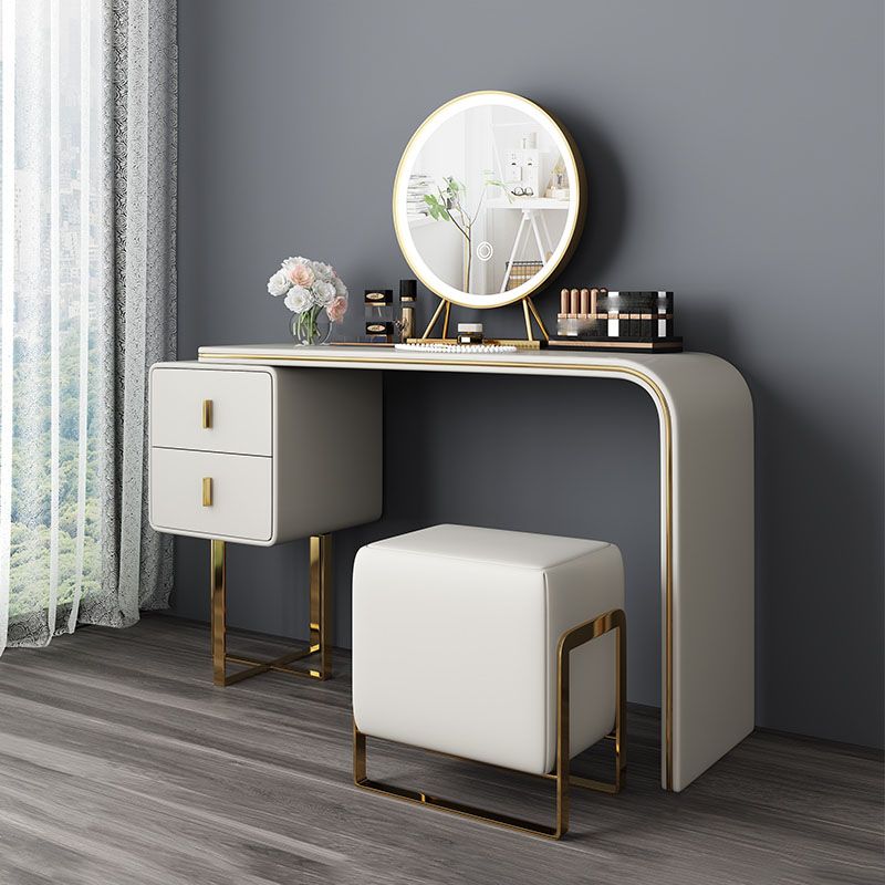 Glam Makeup Vanity Table Faux Leather Wood Dresser With Storage Drawers for Bedroom