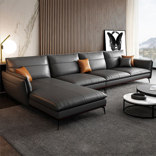 Contemporary Sofa Chaise Stationary Flared Arm Genuine Leather Sofa