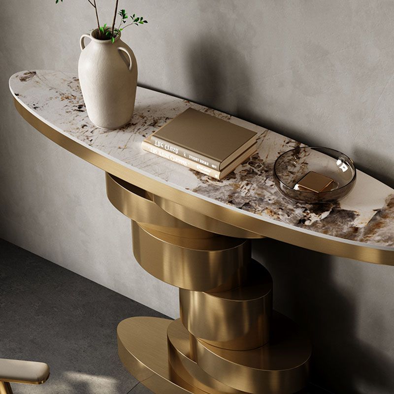 Glam Oval Console Table Golden Stone Console Sofa Table for Hall