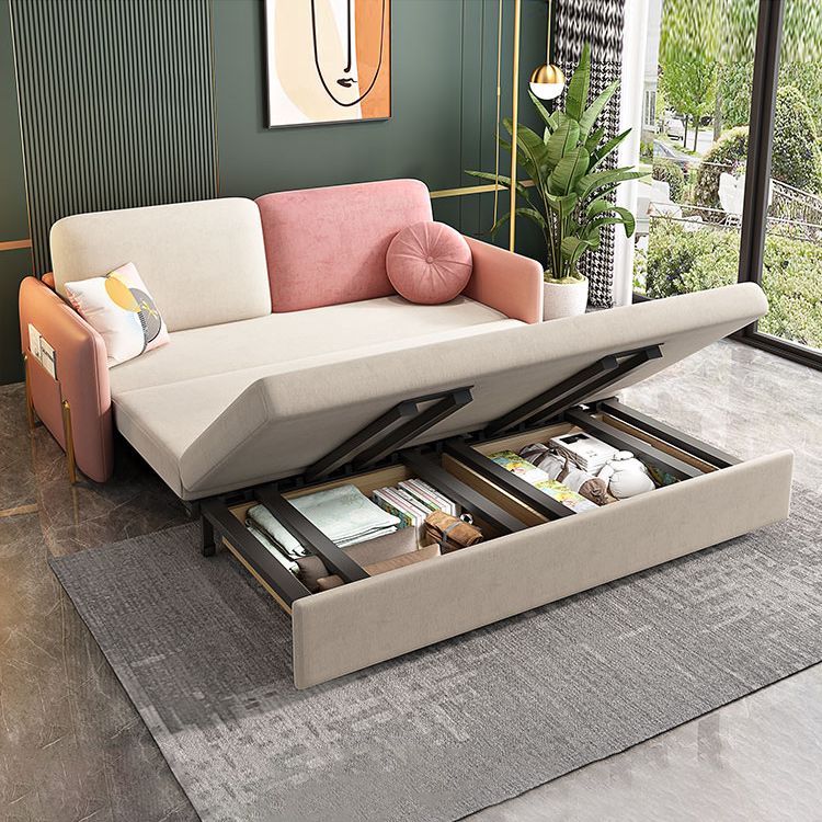 Square Arms Futon Foldable Pillow Included Pink Sleeper Sofa with Storage