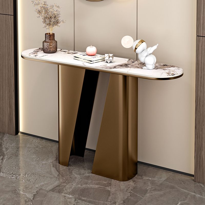 14 inch Wide Glam Accent Table Oval Shape Stone Console Table