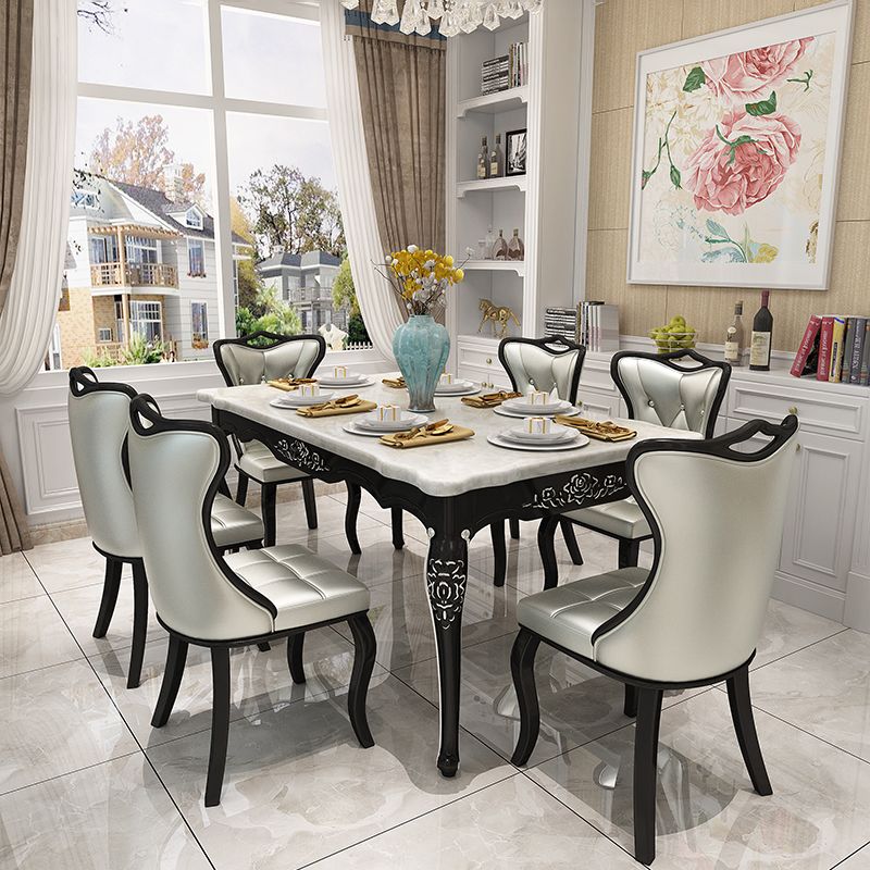 Victorian Style Marble Dining Set with White Table and 4 Black Legs Base for Home Use Clearhalo 'Dining Room Sets' 'Dining Tables & Seating' 'dining_room_set' 'furn' 'furn_dining_room_set' 'Furniture' 'furniture_dining_room_set' 'Kitchen & Dining Furniture' 'kitchen&dining_furn' 'kitchen' 1200x1200_380d48a9-2d22-4a12-943e-7d8548d4185a