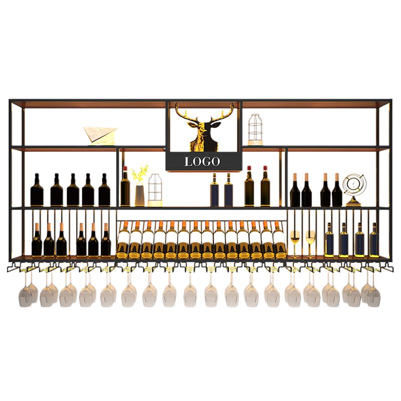 Kit de estante de vino montado en la pared estante de soporte de vino de metal y madera en negro y marrón